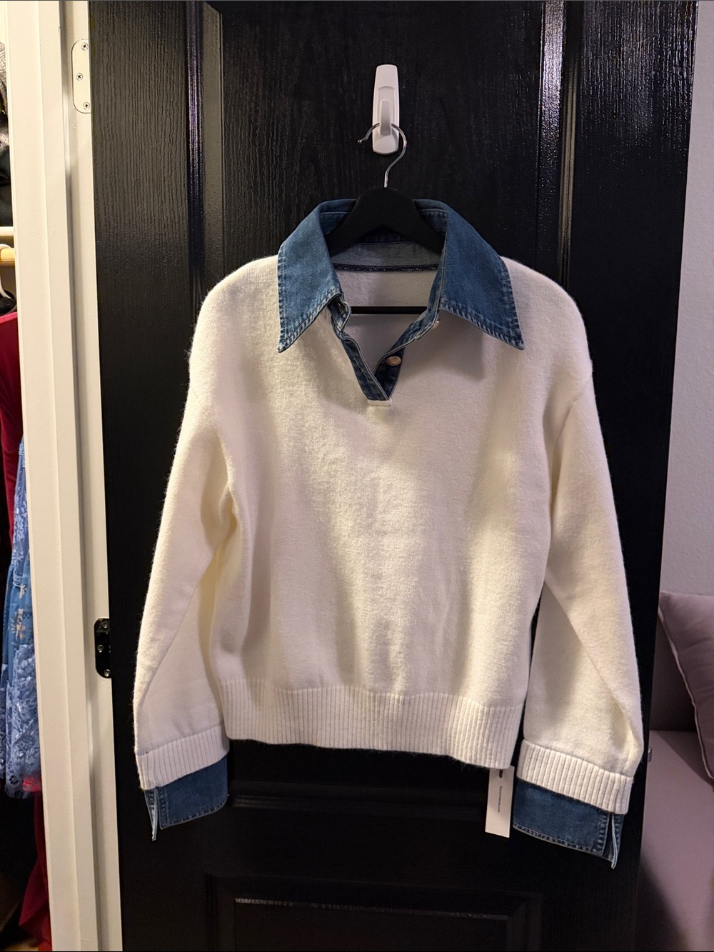 Commense Women’s Cream Pullover Sweater with Denim Collar XS